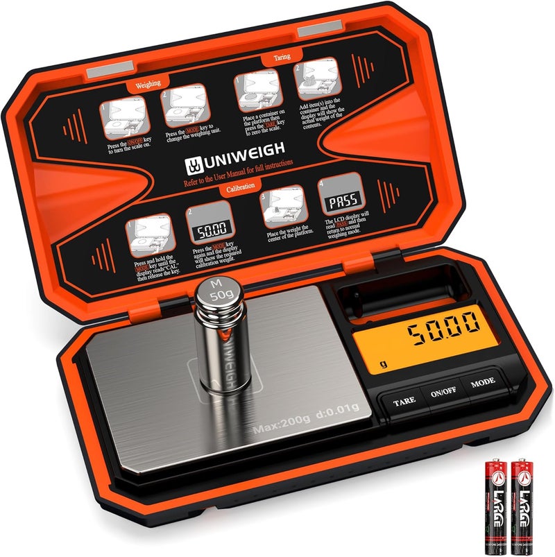 UNIWEIGH Digital Pocket Scale 200g/0.01g, Digital Scale Grams,6 Units Conversion Jewelry Scales,Coins Scale with LCD Display,Tare Function for Food,Powder,Small Items(Battery Included)-Orange - Image 1